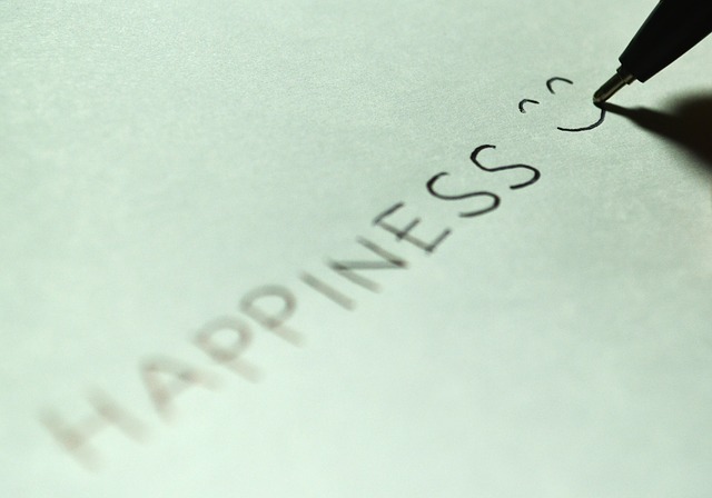 The word happiness is written on a blank piece of paper